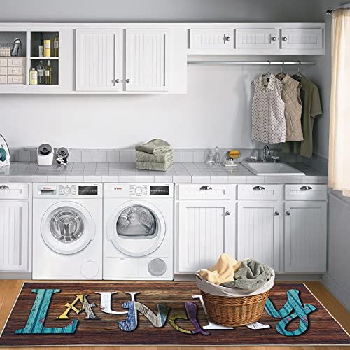 Abeigoi Laundry Room Rug Runner 2X6Ft Long - Wood Printed Farmhouse Kitchen Mat for Floor Nonslip Washable - Thin Washhouse Sink Mat Fun Room Decor