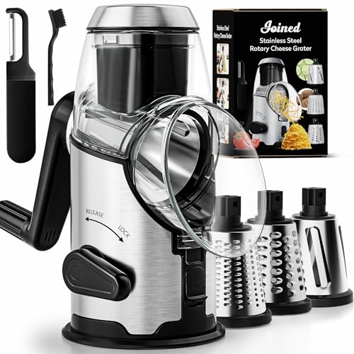 Comparison: Best Grater For Vegetables 8 Joined Rotary Cheese Grater with Handle - Mandoline Slicer with 3 Stainless Steel Drum Blades-Vegetable Slicer Walnuts Grinder Cheese Shredder Round Mandoline with Peeler