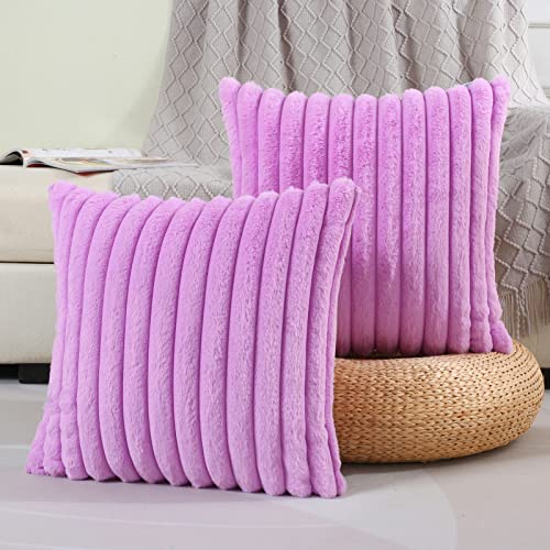 FUTEI Purple Striped Decorative Throw Pillow Covers 24x24 Inch Set of 2,Square Fall Decorations Couch Euro Pillow Case,Soft Cozy Faux Rabbit Fur & Velvet Back,Modern Home Decor for Bed