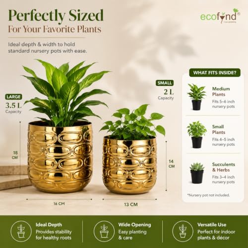 Image of ecofynd 2 Pack Metal Plant Pots (5 inch, 6 inch), Indoor Small Planter Flower Pots, Home Garden Decor Planter for Living Room Bedroom Interior (Gold Finish, POT056)