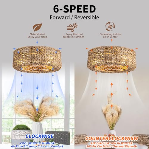 Jughtbo 0139-4H Handwoven Rattan Boho Ceiling Fans with Lights Remote Control Flush Mount Fandelier Low Profile Caged for Bedroom,4-Light,20" - Image 4