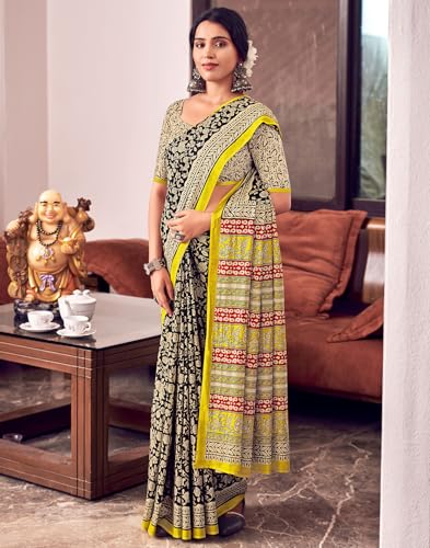 Image of SIRIL Women's Printed Cotton Saree with Unstitched Blouse Piece