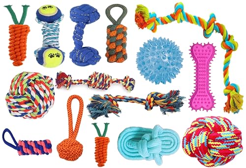 Image of Tail Dog Toys + Dog Chew Toys + Puppy Teething Toys + Rope Dog Toy + Dog Toys for Small to Medium Dog Toys + Dog Toy Pack + Tug Toy + Dog Toy Set + Washable Cotton Rope for Dogs (PACK OF 15PCS)