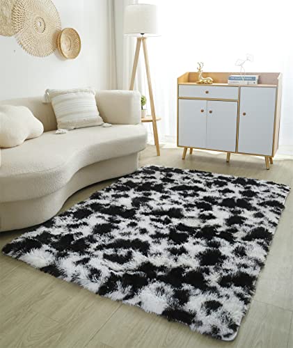 linyingdian Alfombra de Piel para Sala de Estar, Alfombra Suave para Sala de Estar, Estilo Moderno, para Dormitorio o niña, Alfombra de Esponja Suave para Pasillo. (80 x 160 cm, Negro + Blanco.)