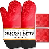 Silicone Oven Mitts and Potholders (4-Piece Set) Heavy Duty Cooking Gloves, Kitchen Counter Safe Trivet Mats | Advanced Heat Resistance, Non-Slip Textured Grip (Pot Holder&Oven Mitts, Red)