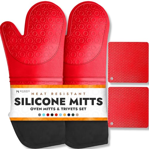 Homwe Silicone Oven Mitts and Potholders (4-Piece Sets) Heavy Duty Cooking Gloves, Kitchen Counter Safe Trivet Mats | Advanced Heat Resistant, Non-Slip Textured Grip Pot Holders(Red)