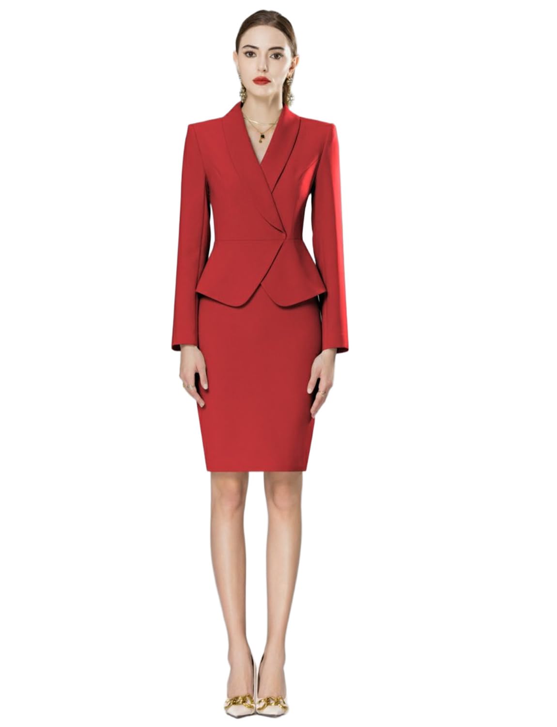 Kromoc Womens Two-Piece Suit Shawl Lapel Tuxedos Jacket and Skirt Set Business Wedding
