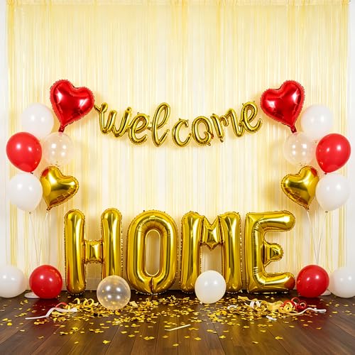 Image of TONIFUL 2 Size Gold WELCOME HOME Foil Balloons Banner Letter Decorations
