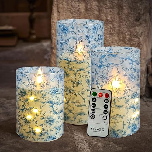 Image of Flickering Flameless Candles Blue Floral Print, Embedded Star String Lights, Battery Operated Acrylic LED Pillar Candles with 11-Key Remote and Timer for Home Decoration, 3 Pack