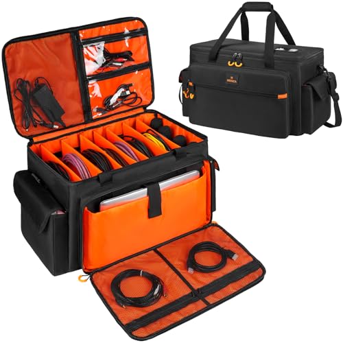 MRINCA Large DJ Cable & Equipment Bag, featuring a 16' Laptop Compartment, 7 Adjustable Dividers, 4 Fixed Mic Pockets & Cable Organizer, Padded Gig Bag for Musicians and DJ Accessories, Orange