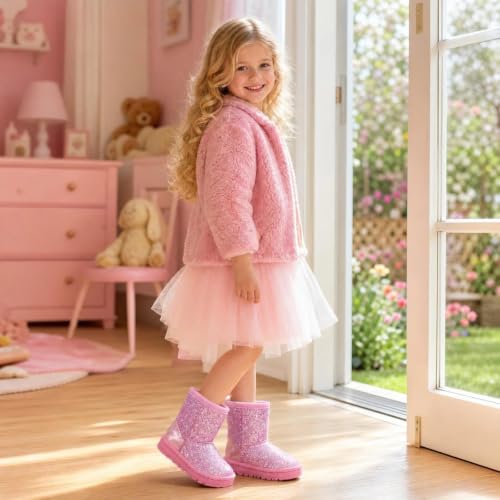 Image of Girls Winter Boots Toddler Girl Boots Warm Sparkle Sequin Outdoor Non-Slip Snow Boot for Little kids