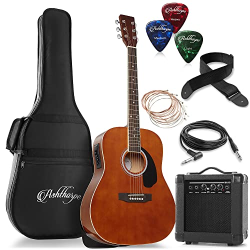 Ashthorpe Full-Size Dreadnought Acoustic Electric Guitar Package with 10 Watt Amp - Brown