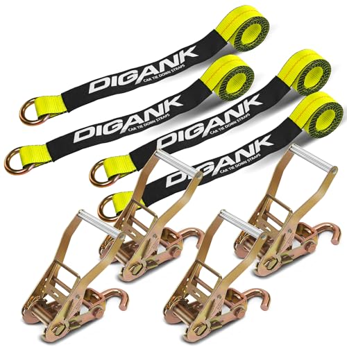 Car Tie Down Straps (4PK) with J Finger Hook Lasso Ratchet Strap 2 Inch x 96 Inch- for Any Car, SUV, Jeep or Sports Car