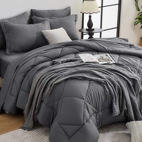 HEVUMYI Twin-XL Comforter Set - 5-Piece All Season Bed in a Bag Twin-XL, Ultra Soft Bedding Set with Comforter, Flat Sheet, Fitted Sheet, Pillowcases, Pillow Shams, Dark Grey