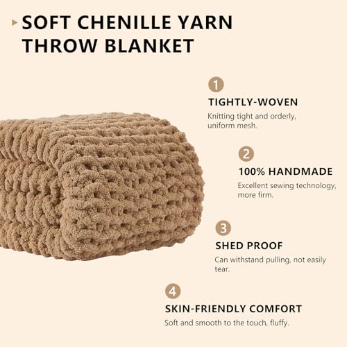 L'AGRATY Chunky Knit Blanket Throw: 60''x80'' Chenille Chunky Knitted Throw Blanket for Bed Couch - Handmade Thick Big Cable Knit Blanket - Large Crochet Rope Blanket for Home Decor(Tan)
