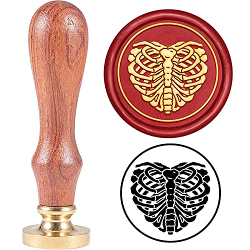 SUPERDANT Heart Skeleton Pattern Wax Seal Stamp 1.18in Death Day Vintage Wax Stamp with Removable Brass Head Wood Handle Halloween Wax Seal Stamp for Party Envelopes Invitations Gift Without Wax