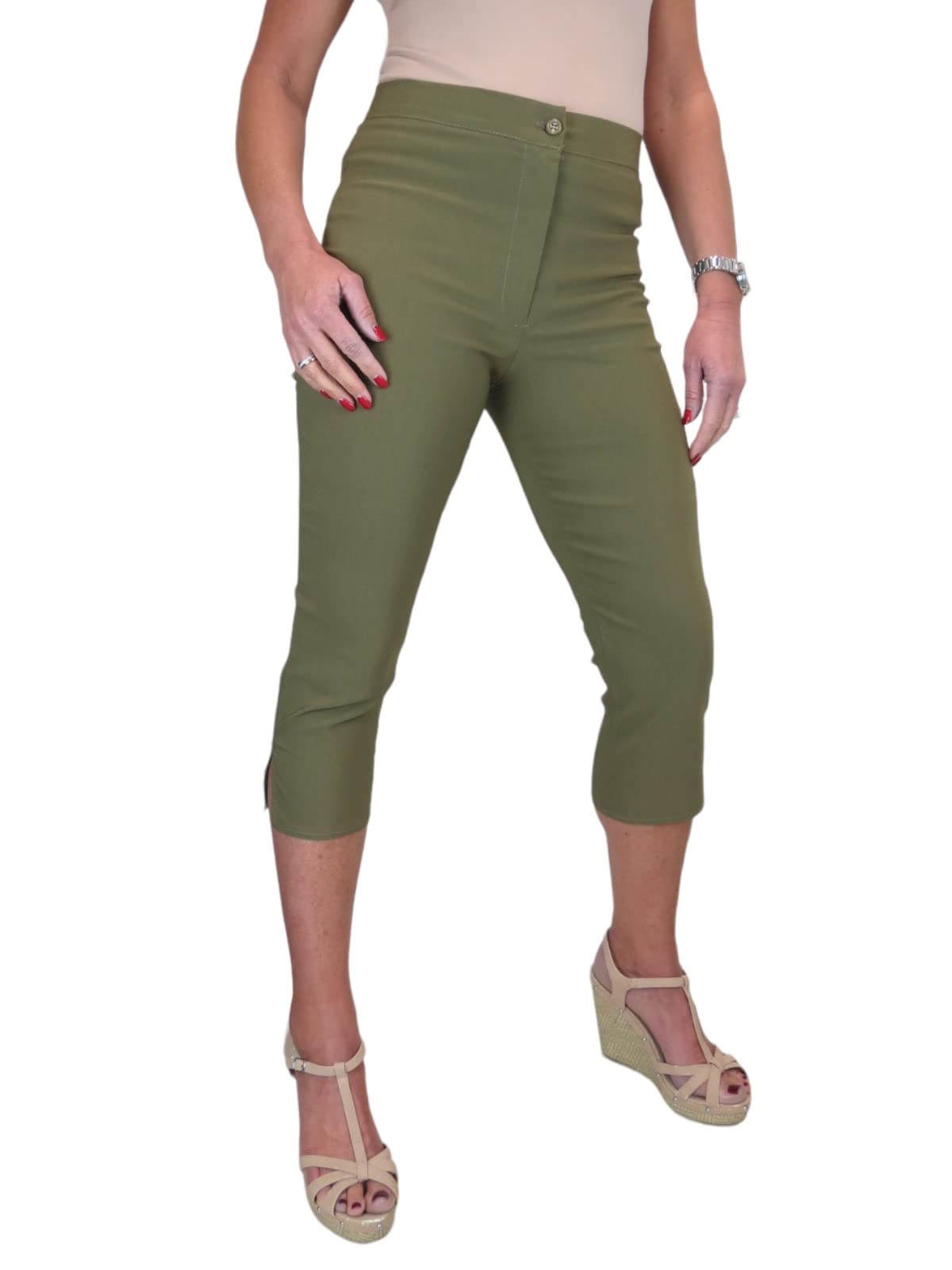 Icecoolfashion Women's Khaki Green High Waist Skinny Stretch Pedal Pushers Cropped Trousers Work Office Crop Capri Pants Formal 3/4 Length 8-22 (12)