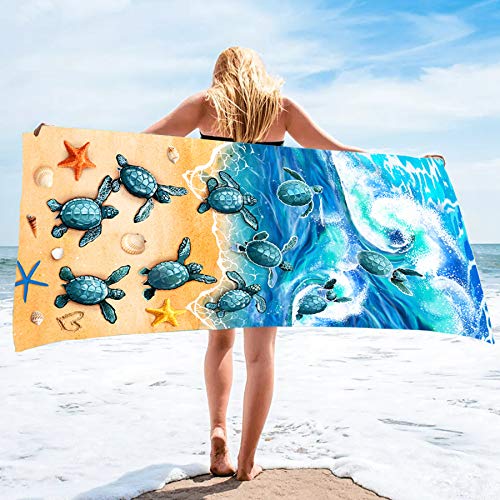 Bonsai Tree Turtle Beach Towel, Sea Turtles Large Microfiber Bath Towel Gifts for Women, Ocean Summer Starfish Seashells Funny Sand Free Quick Dry Travel Towels for Yoga Sports 31 x 63