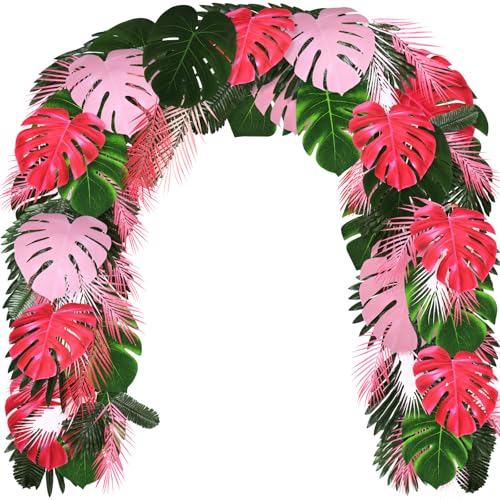 Giegxin 46 Pcs Tropical Artificial Palm Leaves Monstera Decoration Green Hot Pink Set for Flamingo...