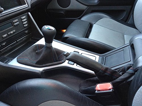 RedlineGoods Shift Boot Compatible with BMW 5-Series 1996-03. Tailor Made - not Universal. Genuine top-Grade Italian Black Suede (Alcantara) with Silver Thread