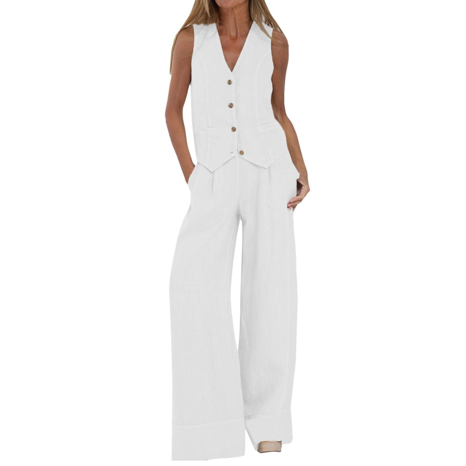 Abito in Lino da Donna Elegante per il Tempo Libero Completo Estivo in Lino in Due Pezzi Blazer Senza Maniche Gilet e Pantaloni con Scollo a V Completo in 2 Pezzi Tailleur Casual Tinta Unita
