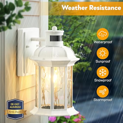 vianis white motion sensor exterior wall light lantern modern dusk to dawn outdoor porch light fixtures wall mount waterproof outdoor wall sconce for garage entrance with tempered water-ripple glass