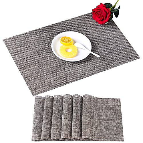 Place Mats, Placemats Set of 6 PVC Place Mats(Grey,12x18in), Woven Vinyl Plastic Place Mats for Kitchen Table, Waterproof Non-Slip Heat Resistant Table Mats, Washable Easy to Clean