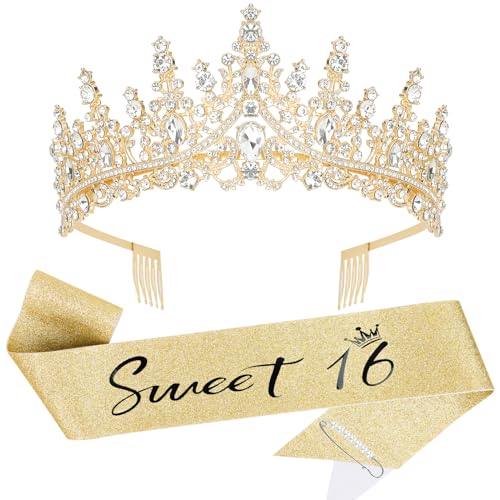 Casoty 16th Birthday Sash and Tiara for Girls, 16th Birthday Decorations Gifts for Girls, Gold Crown and Sweet 16