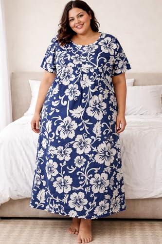 Image of OFEEFAN Women's Plus Size Cotton Nighty, Printed Full Length Maxi Night Gown, Soft Breathable Nightdress Sleepwear for Curvy Women, 3XL to 7XL