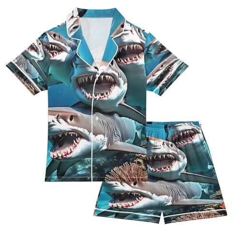 ALAZA Funny Shark Coral Reef Satin Pajamas Set Short Sleeve Button Down Sleepwear Summer Pjs 2 Piece