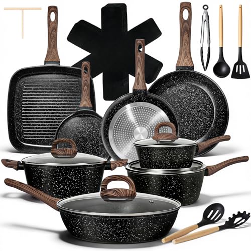 EWFEN 25 Pcs Pots and Pans Set, Nonstick Ceramic Cookware Sets, Healthy Non-Toxic, Large Capacity, Induction Compatible, Cooking Set with Frying Pans & Saucepans, PFAS/PTFE/PFOA Free, Classic Black