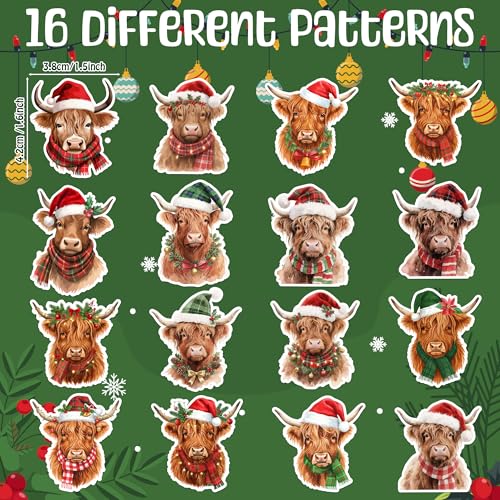 Image of Christmas Highland Cow Sticker - 600 Pcs Christmas Highland Cow Waterproof Vinyl Reusable Laptop Sticker Coloring Book Scrapbook Water Bottle Page Activity Pad Party Favor Skateboard Gift