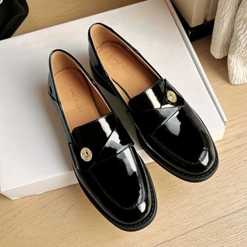 Image of Genuine Leather Womens Loafers - Black Closed Round Toe Slip-on Penny Loafers for Women, Comfortable Business Casual Dress Leather Shoes