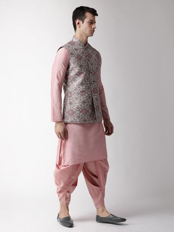 Kisah Men's Kurta Jacket Dhoti Set, Grey Cotton Blend, Printed Regular Fit Mandarin Collar Long Sleeves (42)