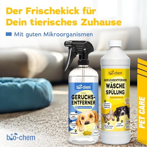 bio-chem Geruchsentferner Set | Hunde-Spray 750 ml + Wäschespülung 1L | Mikrobiologisch & effektiv | Gegen Tiergeruch auf Textilien & Oberflächen