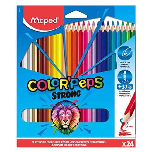 Maped - Pinturas de Madera - Lápices Strong de Colores - Pack de 24 Pinturas de Colores - Minas Ultra Resistentes - Agarre Ergonómico -...