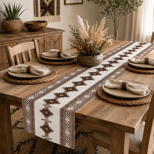 Image of Aztec Geometric Table Runner, Southwestern Tribal Pattern Faux Linen, Rustic Brown Boho Dining Table Decor for Farmhouse Kitchens 13x90 Inch
