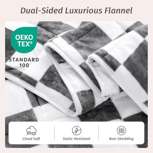 Wemore Flannel Fleece Weighted Blanket for Adult Queen Size 15 lbs, Dual Sided Luxurious Checkerboard Grid Heavy Blankets, Ultra Soft Throw Blanket, Plaid Grey, 60 x 80 inches