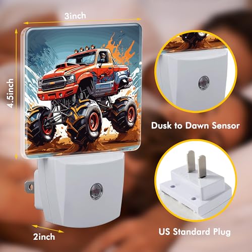 Image of Cartoon Monster Truck Night Light,Plug into Wall with Dusk to Dawn Light Sensors,LED Nightlights for Bedroom,Bathroom,Kitchen,Hallway,Room Decor for Boys Girls Women Men