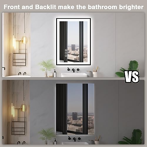 24x36 LED Bathroom Mirrors for Wall -Black Aluminum Framed (Front and Backlit), Anti-Fog Vanity Mirror with Lights,Stepless Dimmable Lighted, 3 Colors Smart Mirror(Horizontal/Vertical)