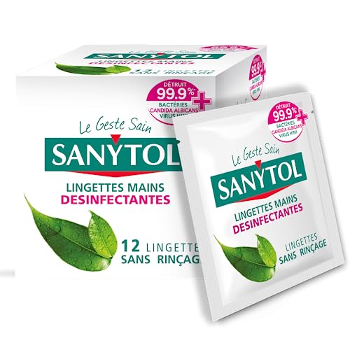 Sanytol - Lingettes Désinfectantes Individuelles Mains - Bactéricide, Virucide, Fongicide - Sans Rinçage - Parfum Thé Vert - Étui Individuel - x 12