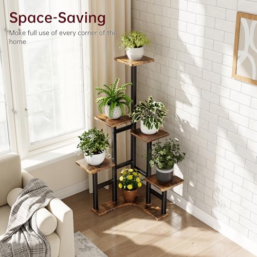 Image of Yzosvki Corner Plant Stand Indoor Set of 2 | 6 Tiered Corner Plant Shelf Flower Stand for Multiple Plants, Plant Shelves Organizer Rack, Rustic Brown