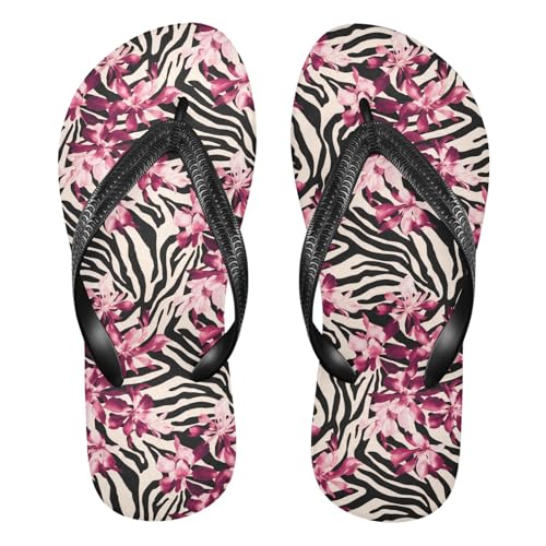 Flower Zebra Beige Flip Flops for Beach Thong Sandals Anti-slip Lightweight Shower Shoes for Indoor Outdoor House