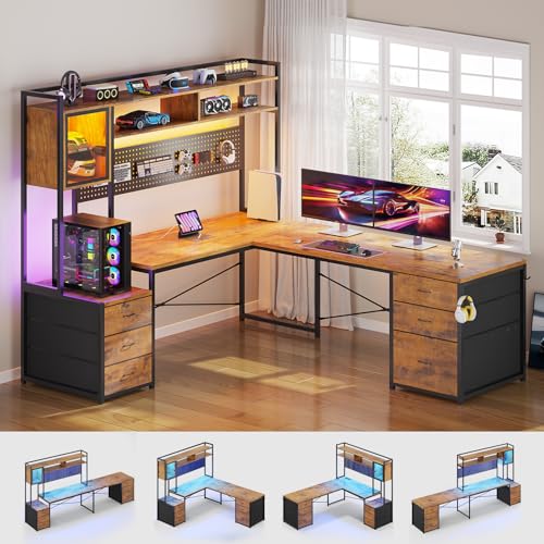 SEDETA L Shaped Gaming Desk with 6 Drawers, Reversible Computer Office Desk with File Drawer, Hutch, Storage Shelves, Gaming Corner Desk with Led Lights, Power Outlet for Two Person, Rustic Brown