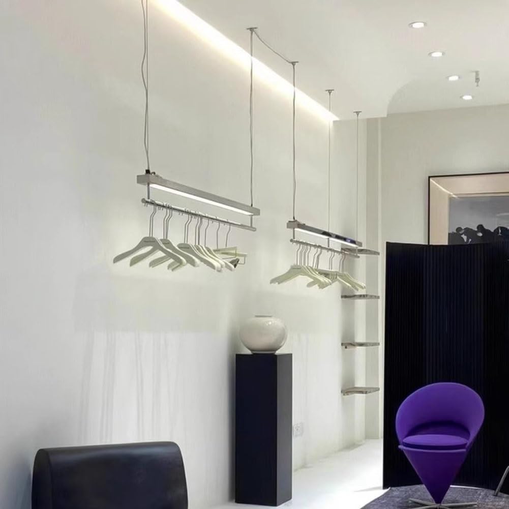 Sxlawesom LED Ceiling Clothing Display Rack for Retail Stores, Stainless Steel Hanger Rod with Light, Adjustable Height(150cm)