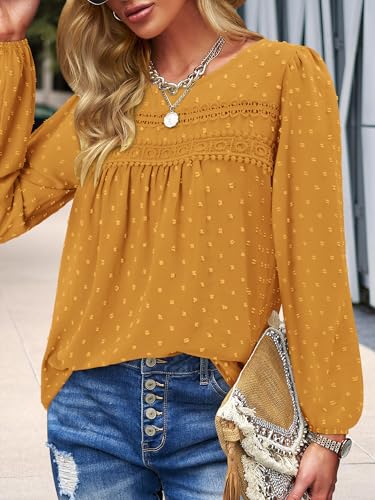 BETTE BOUTIK Womens Boho Fall Long Sleeve Shirts Crewneck Dressy Casual Blouses Trendy Flowy Tops
