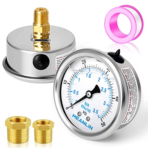 Image of MEANLIN MEASURE 0~50Psi Stainless Steel 1 /4 inch NPT 2.5 inch FACE DIAL Liquid Filled Pressure Gauge WOG Water Oil Air Center Back Mount, with 1 /2 inch NPT and 1 /4 inch x 3 /8 inch NPT Hex Bushing