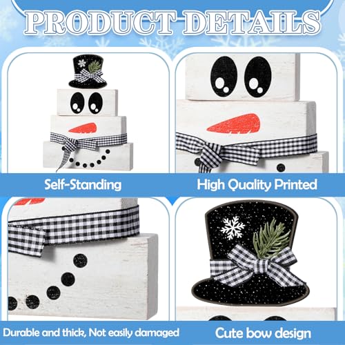 Image of Moucuny 4 Pcs Winter Table Decoration Wooden Snowman Decor Black and White Winter Tiered Tray Decor Rustic Snowman Face Wood Block Sign Gift Christmas Centerpiece Farmhouse for Wonderland Home