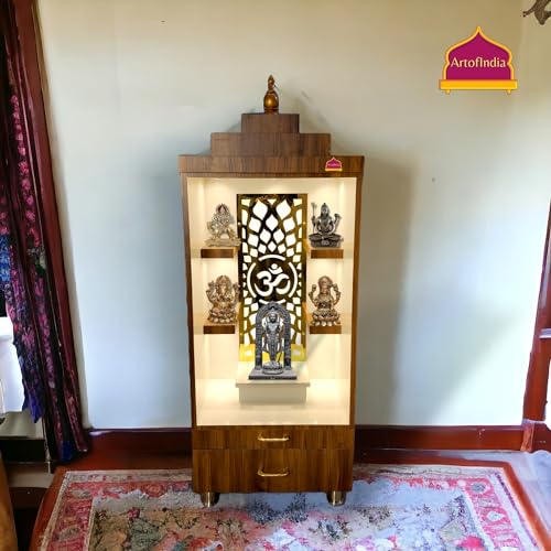 Image of Wooden Mandir, Designer Mandir for Home, Office, Golden Jali, White Colour, 18 mm Board (Brown)