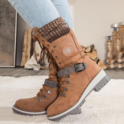 SACFOF Women's Winter Warm Mid Calf Snow Boots Knitted Suede Splicing Lace up Non-Slip Outdoor Motorcycle Riding Booties3